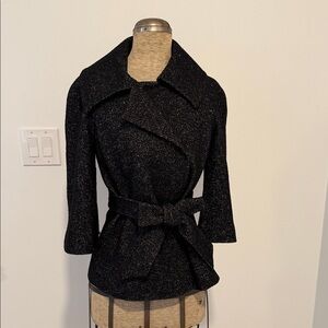 Ann Taylor Wool Blend Tweed Belted Peacoat Black Gray Double Breasted Sz 2